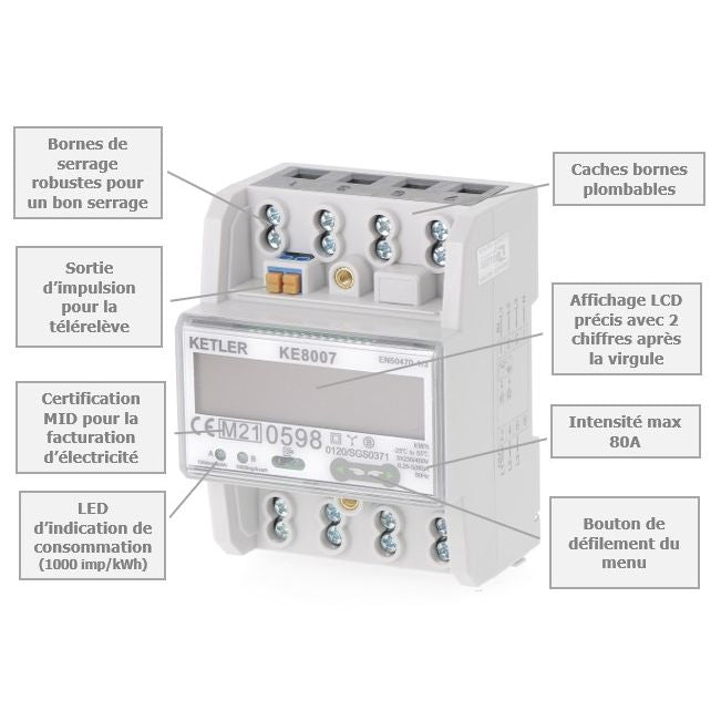 KETLER - KE10008 : Compteur électrique modulaire KETLER - Monophasé mu –  VOLTEBOX : N°1 du comptage électrique