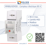 POLIER - MM80LMZMOD : Compteur électrique modulaire - Monophasé 80 A - Certifié MID - Modbus RS485 - Sortie d'impulsion - Affichage LCD