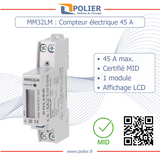 POLIER - MM32LM : Compteur électrique modulaire - Monophasé 45 A - Certifié MID - Simple tarif - Sortie d'impulsion - Affichage LCD