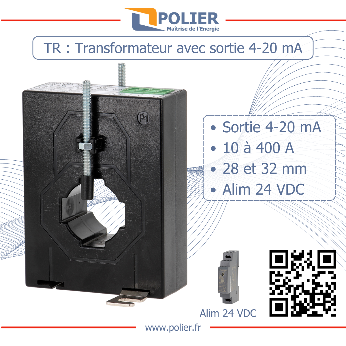 POLIER - Transformateur d'Intensité - sortie 4-20 mA - Classe 0.5