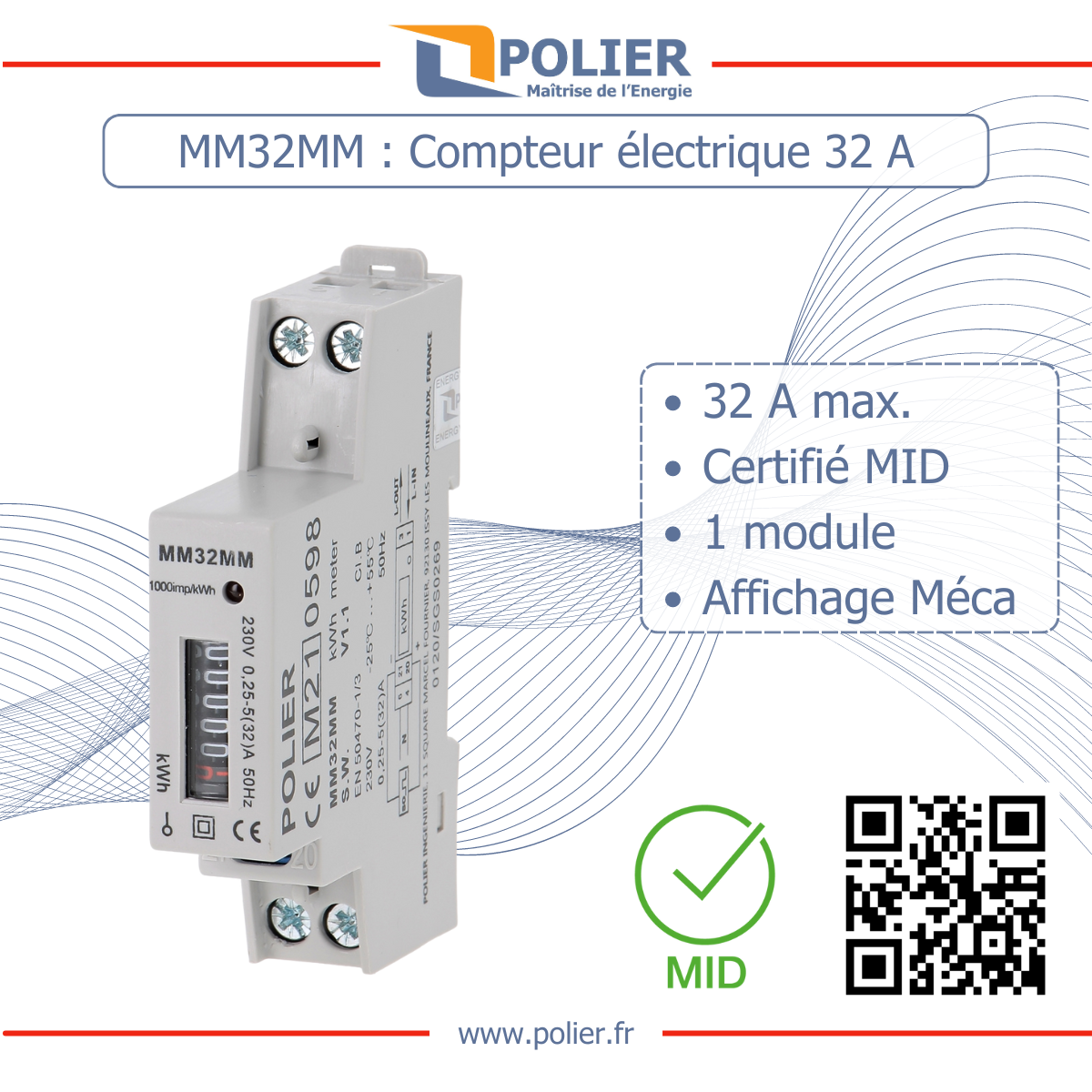 POLIER MM32MM - Compteur électrique - Monophasé 32 A - vue 2