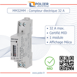 POLIER - MM32MM : Compteur électrique modulaire - Monophasé 32 A - Certifié MID - Simple tarif - Sortie d'impulsion - Affichage mécanique