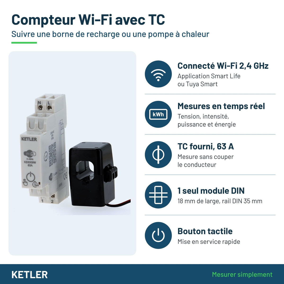 KETLER KE6309W - Compteur Wi-Fi 63 A avec TC - Points forts