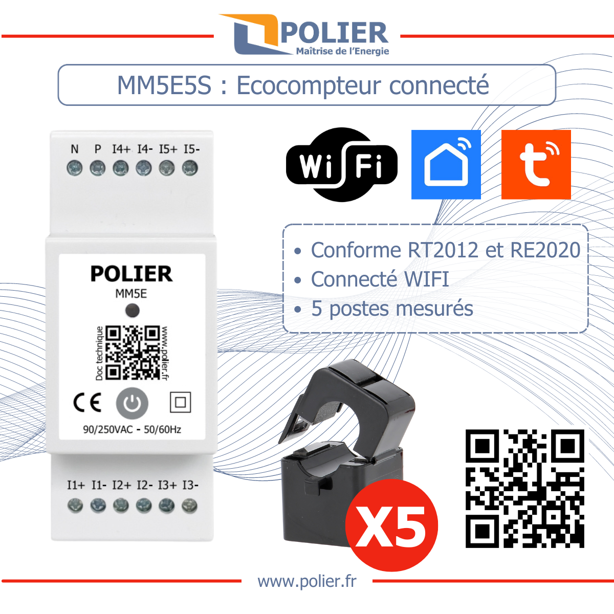 POLIER MM5E5C - Ecocompteur monophasé connecté WIFI 5 postes (RT2012 - RE2020) - vue 2