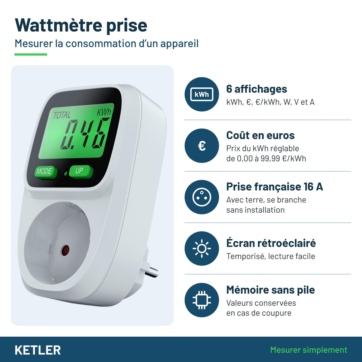 KETLER MS116TOP - Wattmètre prise 16 A - Points forts