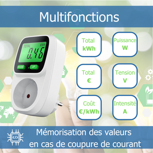 KETLER - MS116TOP : Compteur électrique prise mobile - Wattmètre - 16 A / 3600 W - Prises France - Rétroéclairage - Multifonctions