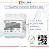 POLIER - MTR100LMOD : Compteur électrique modulaire - Tétra 100 A - Certifié MID - Simple tarif - Modbus RS485 - Sortie d'impulsion - Affichage LCD