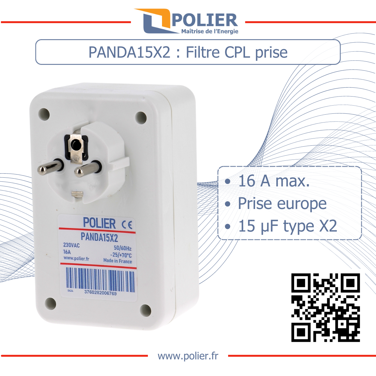 POLIER PANDA15X2 - Filtre CPL Linky et électricité sale - Prise femelle 16A - vue 3
