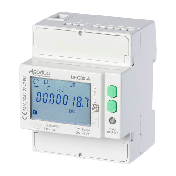 ALGODUE - 110500130001VOL : Compteur électrique modulaire - Triphasé/tétra 80A - Certifié MID - Double tarif - Sortie d'impulsion - UEC80-D
